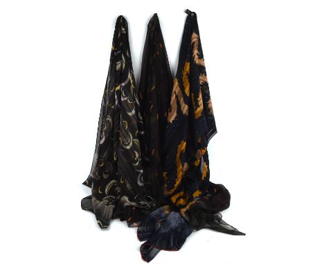 GEORGINA VON ETZDORF Three silk scarves - navy and yellow (88" x 20") *  Navy and silver (66" x 21") * Black chiffon (132" x 