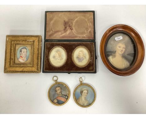 A Miniature Painted on Paper, signed T. Stitch, with a military gentleman, oval, 5 x 4cm, a miniature of a lady, painted on p