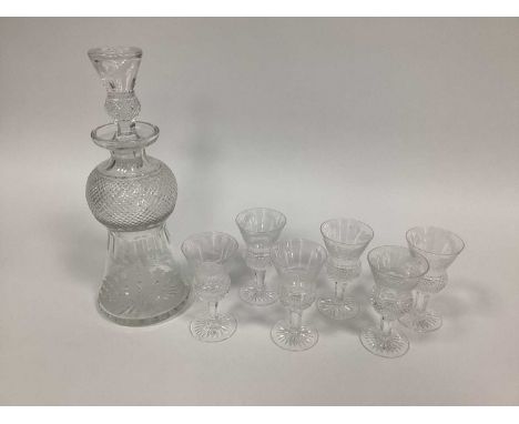 An Edinburgh Crystal Thistle Shaped Cut Glass Decanter and Stopper, with etched decoration, etched mark, 30cm high and six ma