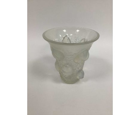 A R. Lalique, France, Opalescent Glass Vase in the 'Bagatelle' Pattern, with finches perched on branches, stencilled mark, 18