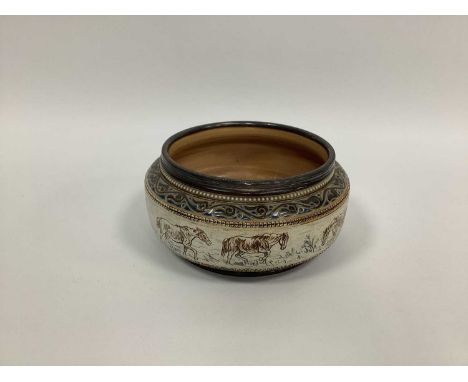 A Doulton Lambeth Stoneware Circular Salad Bowl, designed by Hannah Barlow, signed in monogram, with silver plated rim, incis