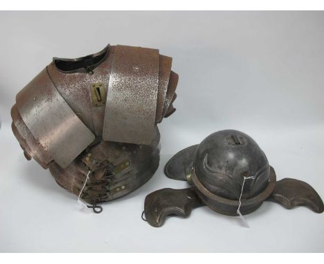 A XX Century Metal Armour Breastplate, of concertina form, 37cm long (unextended) and a helmet, having helderberg flaps. (2).