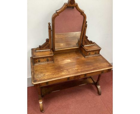 A XIX Century Pitch Pine Dressing Table, with central shaped top mirror with painted floral detail, painted supports, two jew