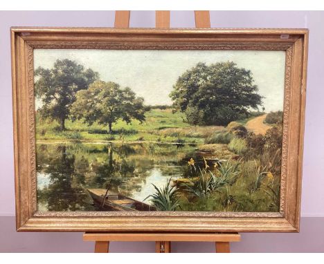 THEODORE HINES (Fl.1876-1889)Country Landscape, with a boat on a pond, oil on canvas (relined) signed and dated 1879 lower ri