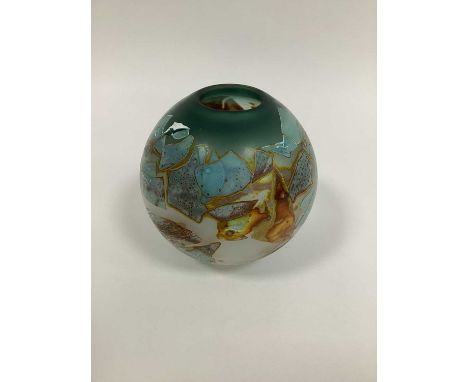 A Louis LeLoup (b.1929 Belgium) Art Glass Vase, of globular form, decorated in an abstract design in turquoise and brown agai