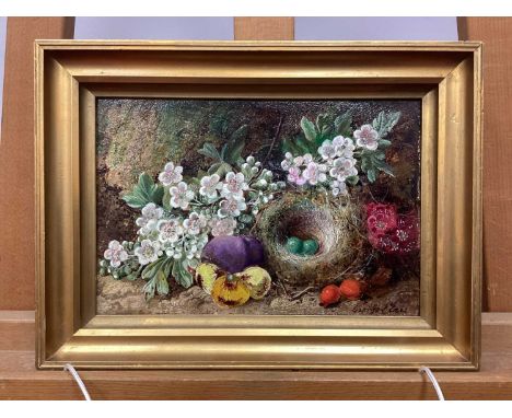 GEORGE CLARE (1830-1900)Still Life - Birds Nest Amongst Flowers and Hips, oil on canvas, signed lower right,14 x 22cm.