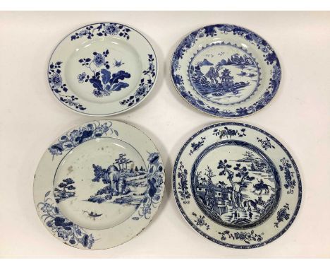 Four Chinese Porcelain Late XVIII/Early XIX Century Plates, painted in blue with floral and landscape scenes, 23cm diameter. 