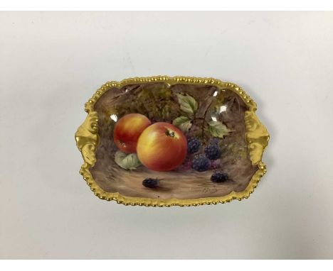 A Royal Worcester Porcelain Rectangular Dish, painted by P. Love, signed, with ripening fruit against a mossy woodland bank, 