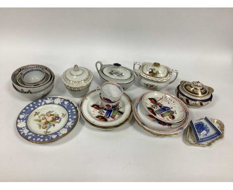 Four New Hall and Other XIX Century Porcelain Sucriers and Covers, three slop bowls, pearlware asparagus server, plates, etc.