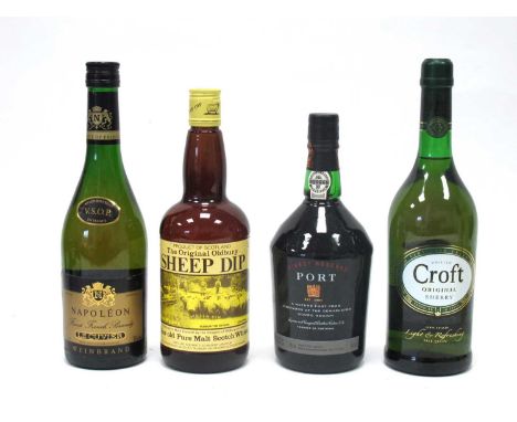 Wines - Napoleon V.S.O.P. Brandy; The Original Oldbury Sheep Dip 8 Year Old Pure Malt Whisky; Croft original Sherry; Finest R