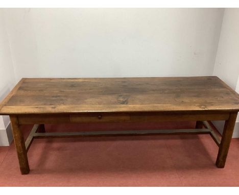 A Large Oak Farmhouse Table, with five plank top, single drawer, chopping board slide, on chamfered square supports united by