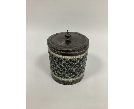 A Doulton Lambeth Stoneware Biscuit Jar and Hinged Cover, silver mounts and lid hallmarked for Birmingham 1877, designed by E