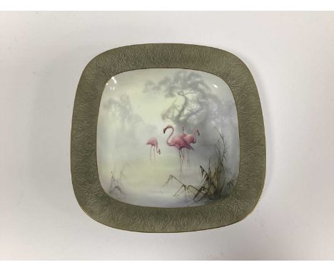 A Royal Worcester Porcelain Dish, of square form painted by William Powell, signed, painted with wading flamingos in a misty 