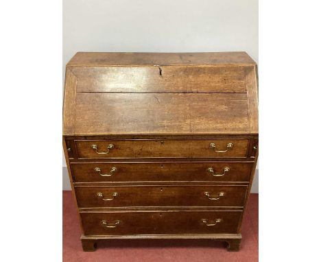 An XVIII Century Oak Bureau, with fall front to fitted interior, four long drawers, on bracket feet, 114cm high, 96cm wide.