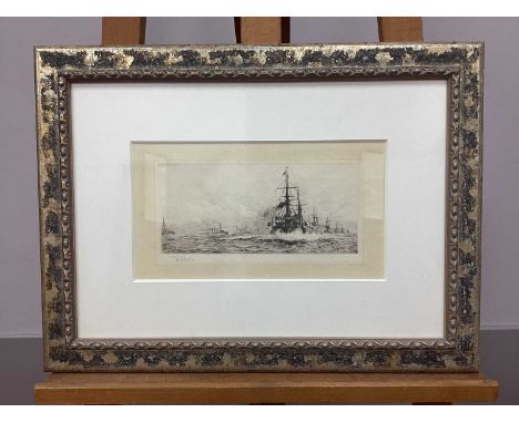 AFTER WILLIAM LIONEL WYLLIE (1851-1931)Battleships in a Harbour, etching, signed in pencil in the margin,15 x 27cm.