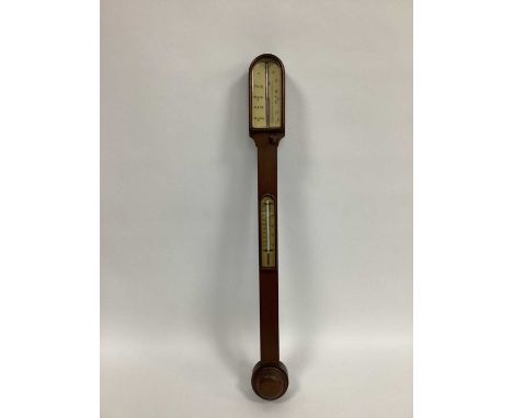 An Early XX Century Mahogany Stick Barometer, with separate thermometer, the ivorine dial calibrated in barometer inches, fai