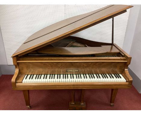 A Challen London Walnut Baby Grand Piano, with hinged lid and cast iron frame, raised on tapering supports with brass caps - 