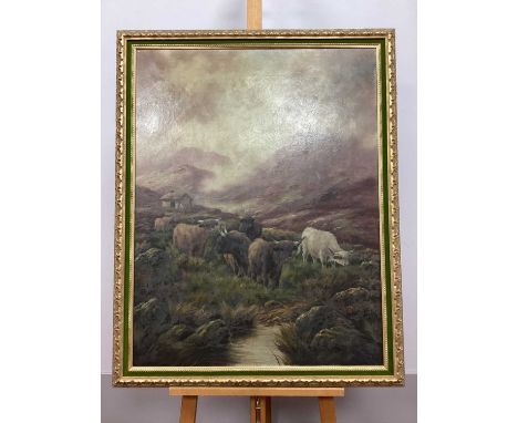 FRANK BENNETT (XIX Century)Highland Cattle in a Misty Mountainous Landscape, oil on canvas, signed lower left,90 x 69.5cm.