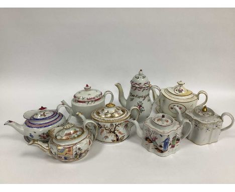 Two New Hall Porcelain Teapots, Covers and Stands, each with floral decoration; five other New Hall teapots and covers and a 