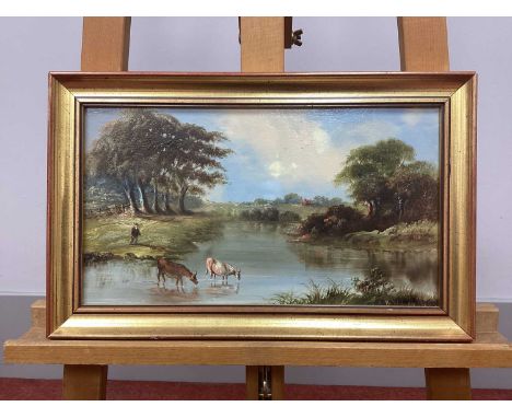 H. WILSON (English, Mid XIX Century)River Scene with Figure and Cattle, oil on panel, signed and dated 1869 lower right,19 x 