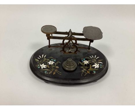 XIX Century Derbyshire Ashford Marble Postal Scales, the oval base inset with specimen stones in the form of flowers, six gra