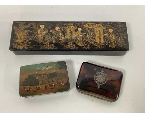 A late 19th century Tortoiseshell Pique Purse, 7 x 5.5cm, a black lacquered papier-mâché snuff box, the lid painted with a sc