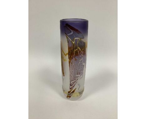 A Louis LeLoup (b.1929 Belgium) Art Glass Vase, of cylindrical form with applied band to bottom section, decorated in an abst