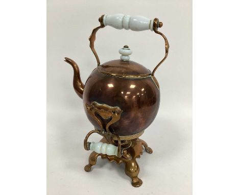 A Late XIX Century Copper Spirit Kettle on Stand, with opaque glass handles and finial, 35cm high.