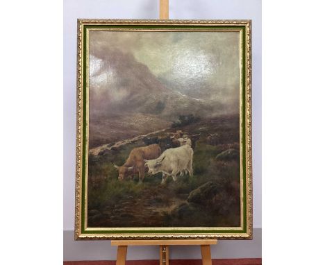 FRANK BENNETT (XIX Century)Highland Cattle in a Misty Mountainous Landscape, oil on canvas, signed lower left,90 x 69.5cm.