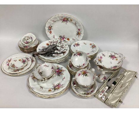 A Royal Crown Derby Porcelain Dinner Service in the 'Derby Posies' Pattern, comprising: oval platter, eight dinner plates, ei