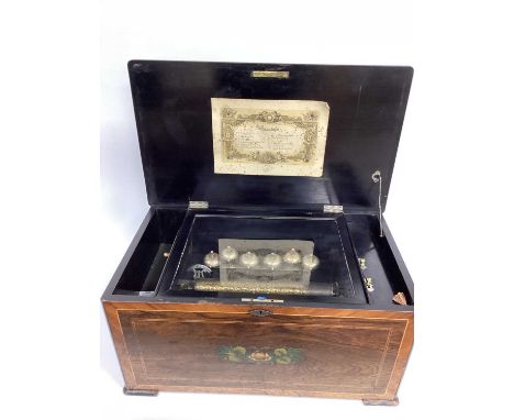 A Mid XIX Century Swiss Rosewood Cased Musical Box, with inlaid and painted decoration, playing twelve airs, pinned brass cyl