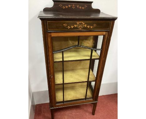 An Edwardian Mahogany Inlaid Display Cabinet, with floral painted applied top, glazed astragal door, two internal shelves, on