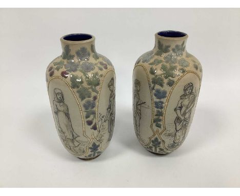 A Pair of Doulton Lambeth Stoneware Vases, of ovoid form, designed by Mary Mitchen, signed in monogram, with incised panels o