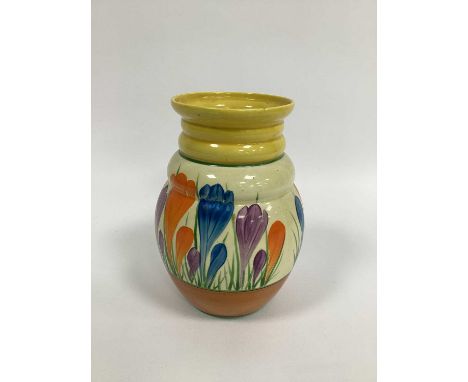 A Newport Pottery Bizarre Clarice Cliff Vase, of ovoid form with ribbed neck, painted in the 'Orange Crocus' pattern against 