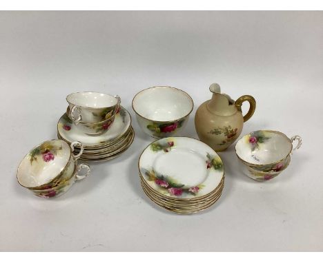 A Royal Worcester Porcelain Part Tea Service, painted by J. Hunt, signed, with pink and white roses, puce marks, date code fo