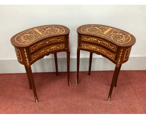 A Pair of French Style Kidney Shaped Inlaid Tables, with two small drawers, on shaped supports with ormolu mounts, 76cm high,