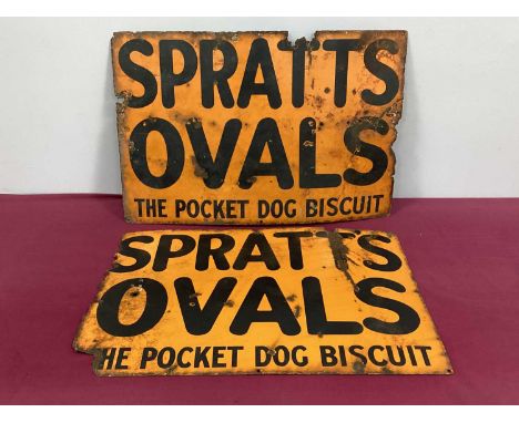 A Pair of Vintage Enamel Signs 'Spratts Ovals, The Pocket Dog Biscuit', in black lettering against orange backgrounds, 50.5 x