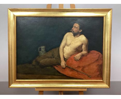 CONTINENTAL SCHOOL (Late XIX Century)Shirtless Gentleman Lying on a Red Blanket, beside a pitcher, holding a stick, oil on ca