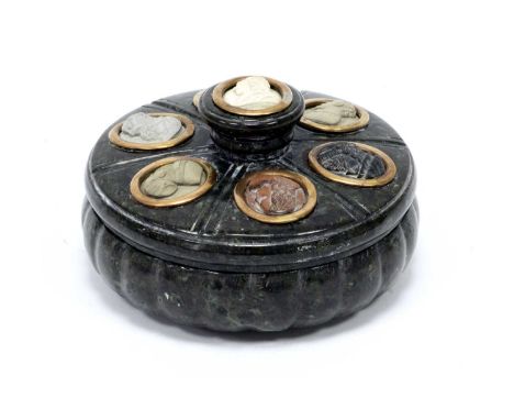 A Late XIX Century Italian Grand Tour Canted Marble Desk Top Inkwell, of fluted circular form, inset with seven lava cameos i