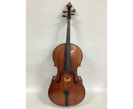 A XX Century Cello, with two-piece back, no label, with bow in canvas carrying case.the length of the neck, bottom edge of pe