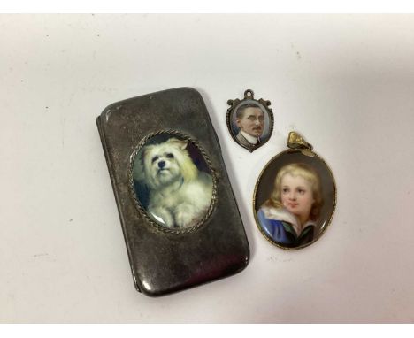 A Hallmarked Silver Ladies Cigarette Case, inset with an oval panel painted with a dog, London 1881, monogrammed, 8.5cm long;