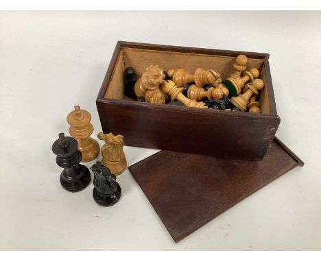 An Early XX Century Turned Wood Chess Set, king 8cm high, contained in a wooden box with sliding lid.