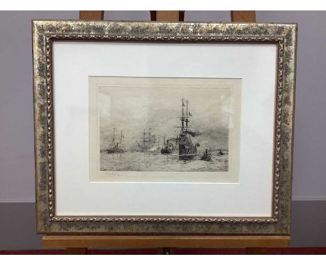 AFTER WILLIAM LIONEL WYLLIE (1851-1931)HMS Victory at Portsmouth, etching, signed in pencil in the margin,20 x 29.5cm.