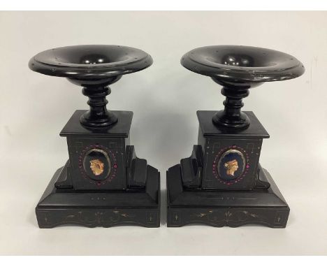 A Pair of Late XIX Century Clock Ornaments/Tazza's, of architectural form applied with oval panels of classical figures surro