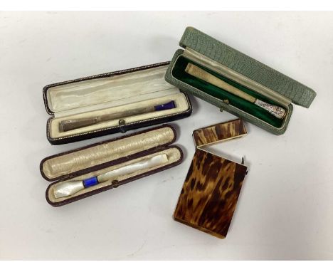 A Late XIX Century Tortoiseshell and Bone Card Case, of rectangular form with hinged cover, 8.5cm long, a hallmarked silver c