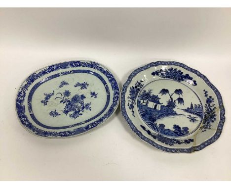 Two Chinese Late XIX Century Blue and White Porcelain Dishes, painted with landscape and floral designs. (2)Oblong plate with