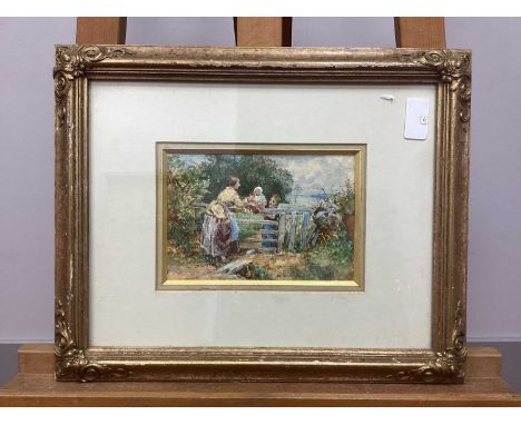 ENGLISH SCHOOL (XIX Century)Mother and Children by a Fence, in a country landscape, watercolour, signed indistinctly lower ri