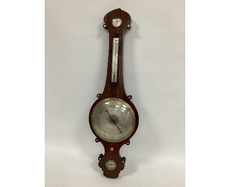 A Mid XIX Century Banjo Barometer, the rosewood case with mother of pearl inset and bone knop, the silvered dial with black l