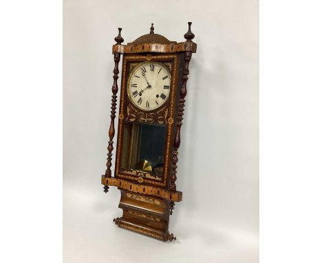 An American Rosewood and Marquetry Inlaid Drop Trunk Wall Clock, with turned columns, the circular white enamel dial with Rom