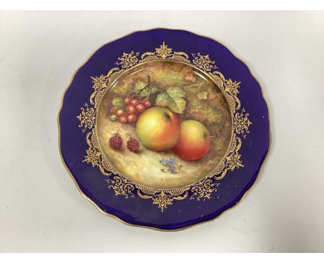 A Royal Worcester Porcelain Cabinet Plate, painted by Robert Sebright, signed, with ripening fruit against a mossy woodland b